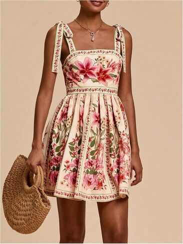 OYOANGLE Women's Floral Sleeveless Boho Beach Dress Tie Shoulder Summer Short Dress Flowy A Line Vacation Sundress in Saudi Arabia
