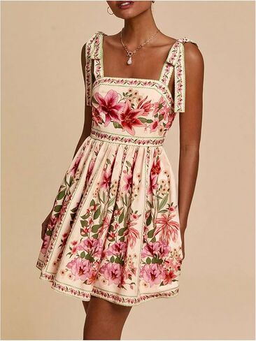 OYOANGLE Women's Floral Sleeveless Boho Beach Dress Tie Shoulder Summer Short Dress Flowy A Line Vacation Sundress in Saudi Arabia