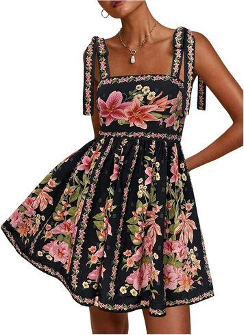 OYOANGLE Women's Floral Sleeveless Boho Beach Dress Tie Shoulder Summer Short Dress Flowy A Line Vacation Sundress in Saudi Arabia