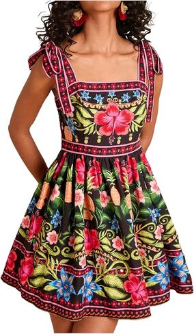 OYOANGLE Women's Floral Sleeveless Boho Beach Dress Tie Shoulder Summer Short Dress Flowy A Line Vacation Sundress in Saudi Arabia