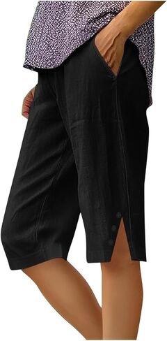 شورت كتان للنساء شورت برمودا بطول الركبة، سروال قصير صيفي كاجوال بخصر مطاطي وأزرار جانبية in Kuwait