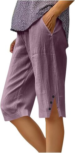 Linen Shorts for Women Knee Length Bermuda Shorts Summer Casual Elastic Waisted Side Split Button Short Pants in Saudi Arabia