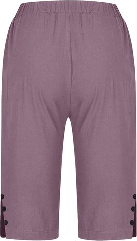 Linen Shorts for Women Knee Length Bermuda Shorts Summer Casual Elastic Waisted Side Split Button Short Pants in Saudi Arabia