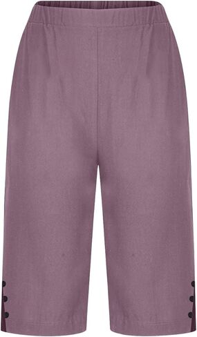 Linen Shorts for Women Knee Length Bermuda Shorts Summer Casual Elastic Waisted Side Split Button Short Pants in Saudi Arabia