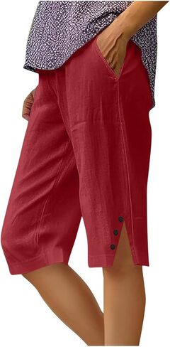 Linen Shorts for Women Knee Length Bermuda Shorts Summer Casual Elastic Waisted Side Split Button Short Pants in Saudi Arabia