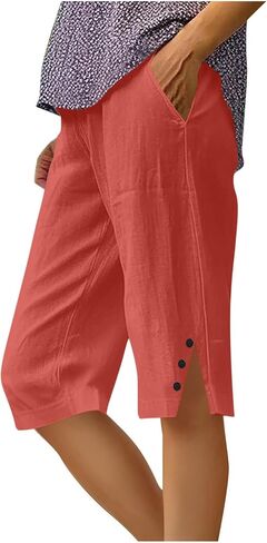 Linen Shorts for Women Knee Length Bermuda Shorts Summer Casual Elastic Waisted Side Split Button Short Pants in Saudi Arabia