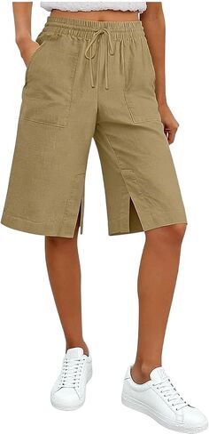 JIEMUXIU شورت بيرمودا للنساء الصيف عادية فضفاض الكتان السراويل مرونة الخصر اقتصاص بنطلون الشاطئ عطلة سراويل قصيرة in Kuwait