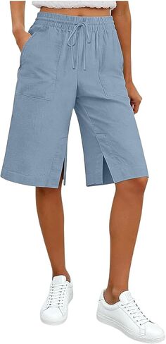 JIEMUXIU Bermuda Shorts for Women Summer Casual Loose Linen Shorts Elastic Waist Cropped Trousers Beach Vacation Short Pants in Saudi Arabia