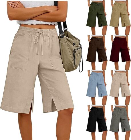 JIEMUXIU Bermuda Shorts for Women Summer Casual Loose Linen Shorts Elastic Waist Cropped Trousers Beach Vacation Short Pants in Saudi Arabia