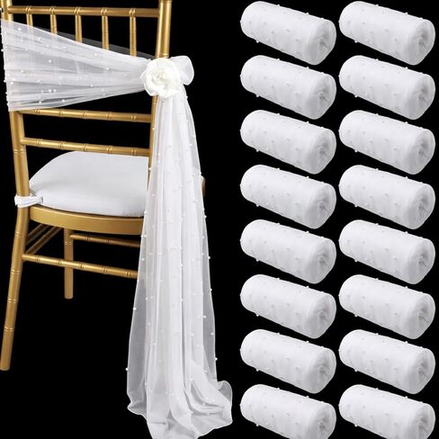 Moukeren 16 Packs White Pearls Chair Sashes 8ft Sheer Fabric Wedding Aisle Chair Decorations Fabric Sheer Church Seat Slipcovers Drapes with Ribbon Tape for Party Banquet Wedding Bridal Shower in Saudi Arabia