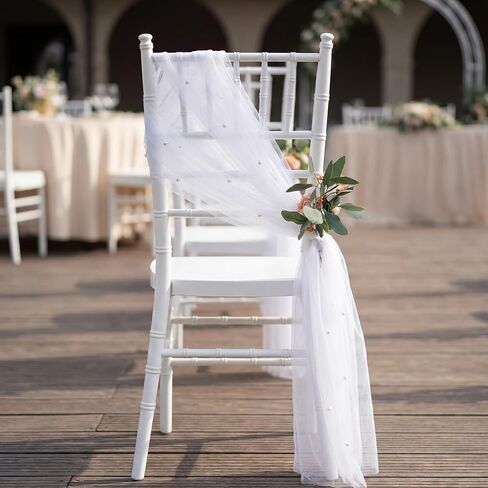 Moukeren 16 Packs White Pearls Chair Sashes 8ft Sheer Fabric Wedding Aisle Chair Decorations Fabric Sheer Church Seat Slipcovers Drapes with Ribbon Tape for Party Banquet Wedding Bridal Shower in Saudi Arabia