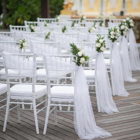 Moukeren 16 Packs White Pearls Chair Sashes 8ft Sheer Fabric Wedding Aisle Chair Decorations Fabric Sheer Church Seat Slipcovers Drapes with Ribbon Tape for Party Banquet Wedding Bridal Shower in Saudi Arabia