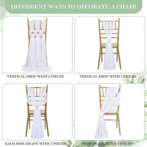 Moukeren 16 Packs White Pearls Chair Sashes 8ft Sheer Fabric Wedding Aisle Chair Decorations Fabric Sheer Church Seat Slipcovers Drapes with Ribbon Tape for Party Banquet Wedding Bridal Shower in Saudi Arabia