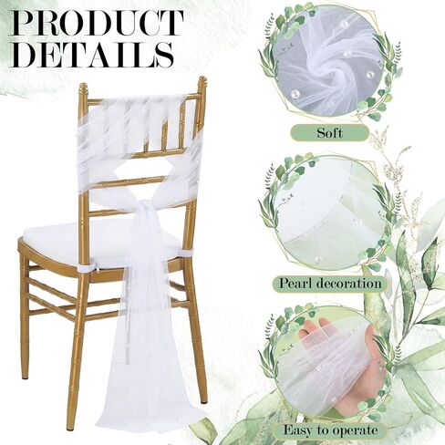 Moukeren 16 Packs White Pearls Chair Sashes 8ft Sheer Fabric Wedding Aisle Chair Decorations Fabric Sheer Church Seat Slipcovers Drapes with Ribbon Tape for Party Banquet Wedding Bridal Shower in Saudi Arabia