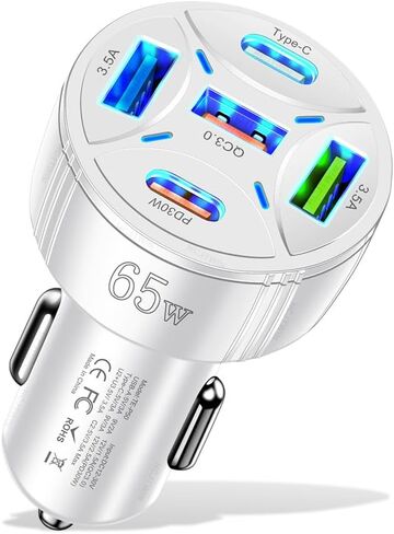 5-in-1 Super Fast Charging USB C Car Charger Adapter for iPhone, 65W Multi-Port PD30W & QC3.0 Cigarette Lighter USB Charger for Android/Samsung/iPad Pro (Black) in Saudi Arabia