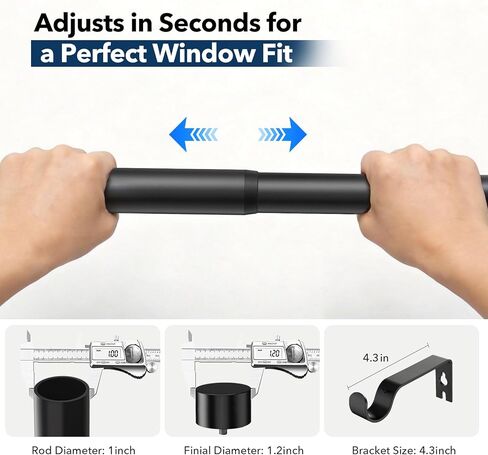 قضبان ستارة شديدة التحمل للنوافذ من 32 إلى 150 بوصة، قضيب ستارة أسود مقاس 1 بوصة قابل للتعديل بلمسات نهائية معدنية حديثة، قضبان معالجة نوافذ طويلة للغاية، سهلة التركيب in Kuwait