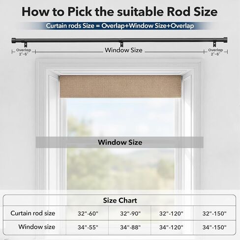 قضبان ستارة شديدة التحمل للنوافذ من 32 إلى 150 بوصة، قضيب ستارة أسود مقاس 1 بوصة قابل للتعديل بلمسات نهائية معدنية حديثة، قضبان معالجة نوافذ طويلة للغاية، سهلة التركيب in Kuwait