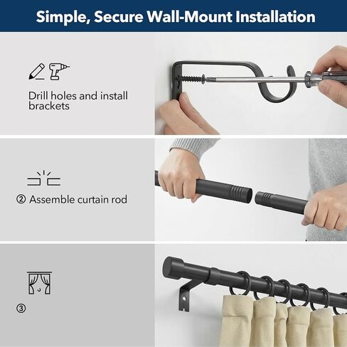 قضبان ستارة شديدة التحمل للنوافذ من 32 إلى 150 بوصة، قضيب ستارة أسود مقاس 1 بوصة قابل للتعديل بلمسات نهائية معدنية حديثة، قضبان معالجة نوافذ طويلة للغاية، سهلة التركيب in Kuwait