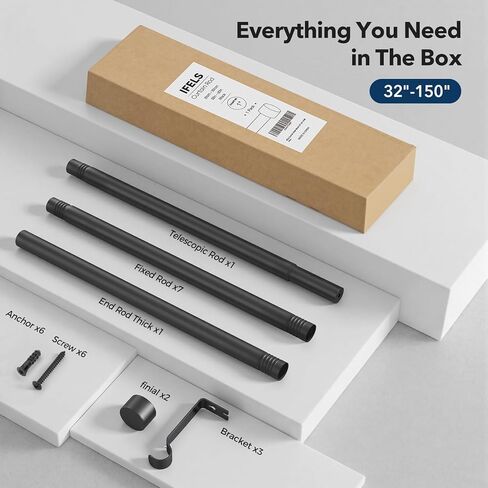 قضبان ستارة شديدة التحمل للنوافذ من 32 إلى 150 بوصة، قضيب ستارة أسود مقاس 1 بوصة قابل للتعديل بلمسات نهائية معدنية حديثة، قضبان معالجة نوافذ طويلة للغاية، سهلة التركيب in Kuwait