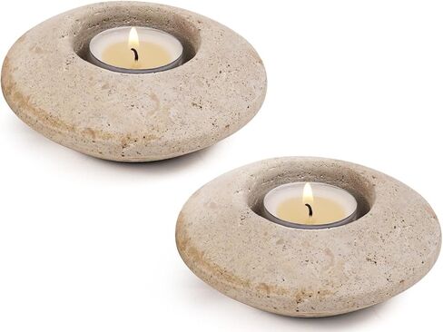 Tea Light Candle Holder 4" Inches Handmade Travertine Decorative Set of 2 Votive Candle Holder for Home Décor, Wedding Table Centerpieces, Mini Candles & Table Décor in Saudi Arabia