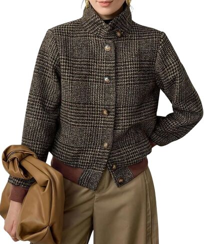 chouyatou Women's Fall Winter Plaid Wool Bomber Jacket Coat Stand Collar Boyfriend Cropped Outerwear in Saudi Arabia