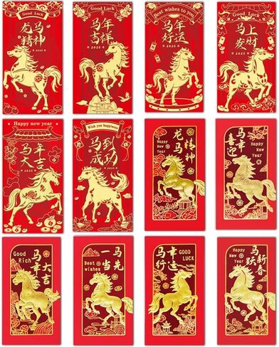 Chinese Red Envelopes Lucky Money Envelopes 2026 Chinese New Year Horse Year Envelope (12 Patterns 36 Pcs) Gold Foil in Saudi Arabia