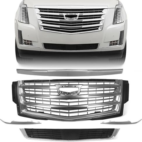JOLONG Front Upper Grille W/O Camera Stand & Lower Grill & Hood Molding & Fog Light Trims for Cadillac Escalade 2015-2020 Replacement for 84661791 (Black) in Saudi Arabia