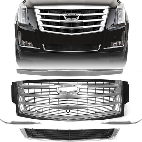 JOLONG Front Upper Grille W/O Camera Stand & Lower Grill & Hood Molding & Fog Light Trims for Cadillac Escalade 2015-2020 Replacement for 84661791 (Black) in Saudi Arabia