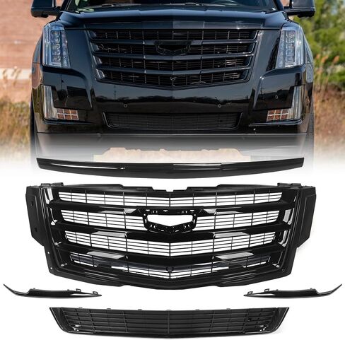 JOLONG Front Upper Grille W/O Camera Stand & Lower Grill & Hood Molding & Fog Light Trims for Cadillac Escalade 2015-2020 Replacement for 84661791 (Black) in Saudi Arabia
