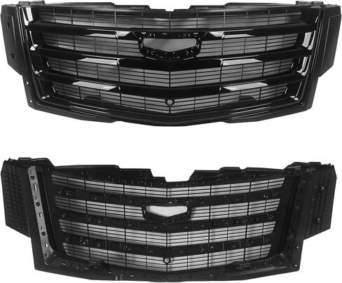 JOLONG Front Upper Grille W/O Camera Stand & Lower Grill & Hood Molding & Fog Light Trims for Cadillac Escalade 2015-2020 Replacement for 84661791 (Black) in Saudi Arabia
