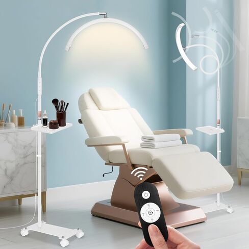 مصباح نصف قمر من KIRKAS مع صينية أدوات، تقنية أظافر مرنة معقوفة لتمديد رموش التجميل، وشم، مصباح أرضي LED مقاس 18 بوصة مع قاعدة دوارة قابلة للتعديل، لون أبيض in Kuwait