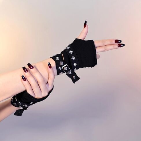 Punk Fingerless Gloves for Women - Rivet Black Biker Style Cut-Off Mittens for Jinx Cosplay & Cyberpunk Fashion in Kuwait