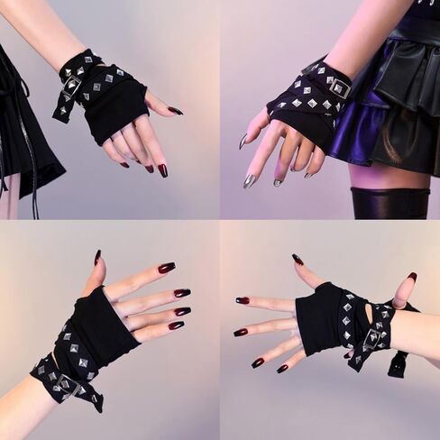 Punk Fingerless Gloves for Women - Rivet Black Biker Style Cut-Off Mittens for Jinx Cosplay & Cyberpunk Fashion in Kuwait