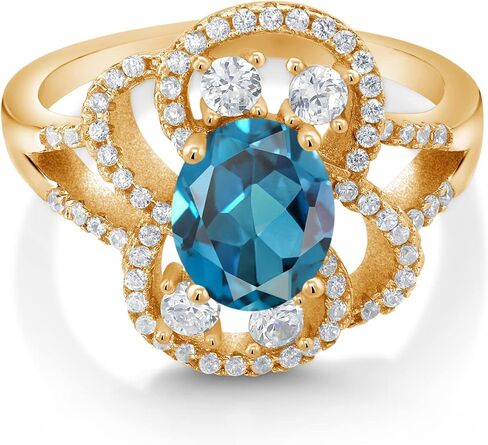 خاتم نسائي من Gem Stone King مطلي بالذهب الأصفر عيار 18 قيراط فضة لندن الأزرق توباز (3.07 قيراط، بيضاوي 9 × 7 مم، حجر ميلاد الأحجار الكريمة) in Saudi Arabia