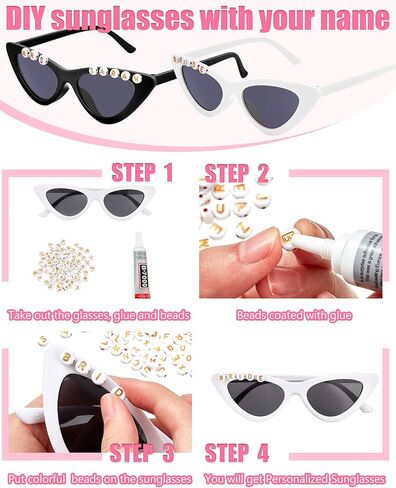كانايو 12 زوجًا من النظارات الشمسية ذات عين القطة الرجعية للنساء بالجملة DIY نظارات شمسية عتيقة للعروس 200 قطعة من الخرز الأبجدي لهدايا الزفاف (أبيض، أسود) in Saudi Arabia