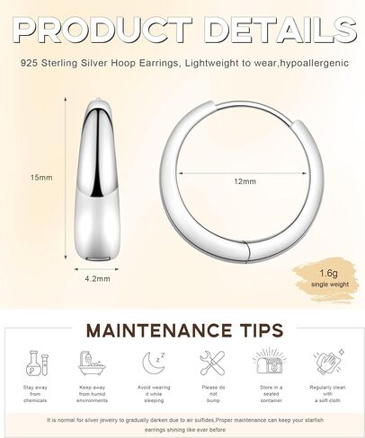 Monkton Huggie Earrings S925 Sterling Silver Small Hoop Earrings - 15mm Chic Lightweight Hypoallergenic Women's Jewelry in Kuwait