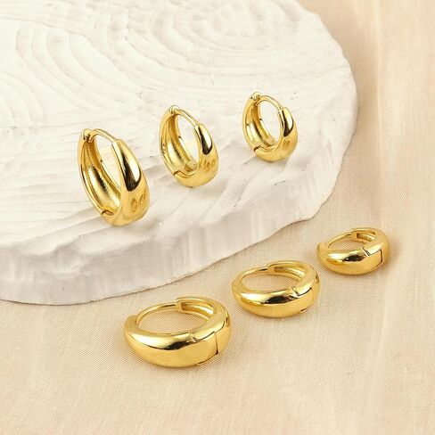 3 Pairs Chunky Small Gold/Silver Plated Huggie Hoop Earrings for Women Non Tarnish Lightweight Mini Tiny Earrings Jewelry Pack Stack in Saudi Arabia