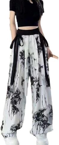 2024 Chinese Style Ink and ice Silk Wide Leg Pants, Summer Wide Leg Pants, Women's Casual Ribbon Leg mop Pants in Saudi Arabia