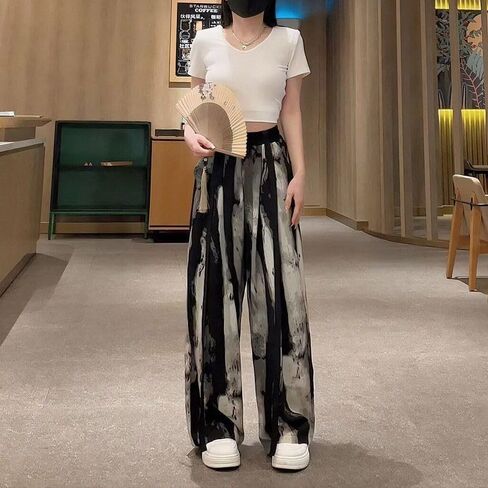 2024 Chinese Style Ink and ice Silk Wide Leg Pants, Summer Wide Leg Pants, Women's Casual Ribbon Leg mop Pants in Saudi Arabia