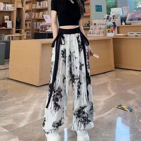 2024 Chinese Style Ink and ice Silk Wide Leg Pants, Summer Wide Leg Pants, Women's Casual Ribbon Leg mop Pants in Saudi Arabia