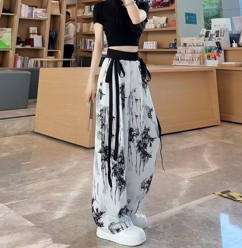 2024 Chinese Style Ink and ice Silk Wide Leg Pants, Summer Wide Leg Pants, Women's Casual Ribbon Leg mop Pants in Saudi Arabia