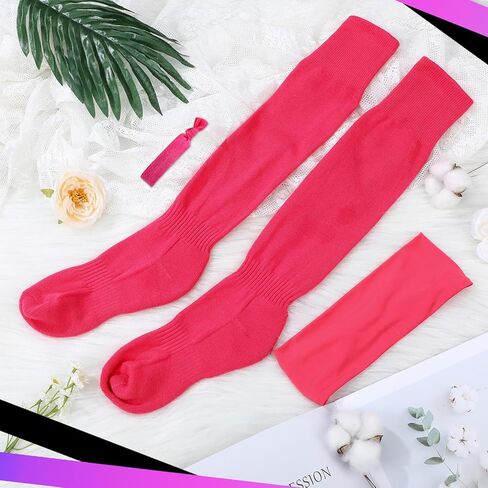 18 Pcs Pink Youth Sock Set 6 Soccer Football Softball Baseball Knee High Socks 6 Elastic Hair Ties 6 Sports Headbands for Athletic Youth Adults Team Sport in Saudi Arabia