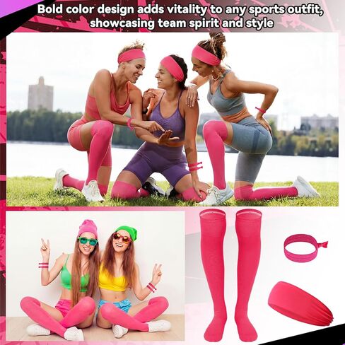 18 Pcs Pink Youth Sock Set 6 Soccer Football Softball Baseball Knee High Socks 6 Elastic Hair Ties 6 Sports Headbands for Athletic Youth Adults Team Sport in Saudi Arabia