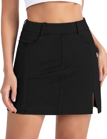 THE GYM PEOPLE Women's Stretchy Jean Skorts Slim Fit Side Split Casual Denim Skirts with Pockets in Saudi Arabia