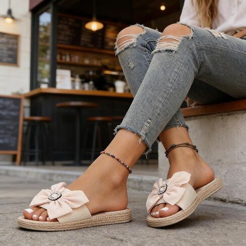 Women's Espadrille Platform Slide Slippers - Bow Knot Open Toe Sandals, Non-Slip Slip-On Shoes for Beach Vacation Daily Wear in Saudi Arabia