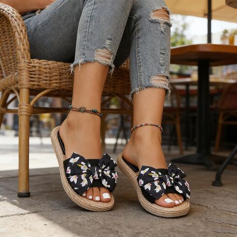Women's Espadrille Platform Slide Slippers - Bow Knot Open Toe Sandals, Non-Slip Slip-On Shoes for Beach Vacation Daily Wear in Saudi Arabia