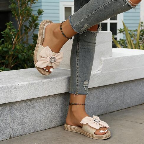 Women's Espadrille Platform Slide Slippers - Bow Knot Open Toe Sandals, Non-Slip Slip-On Shoes for Beach Vacation Daily Wear in Saudi Arabia