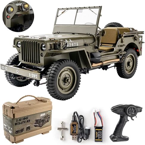 FMS Rochobby RC Car 112 1941 MB Scaler Willys Jeep للتحكم عن بعد الزاحف شاحنة عسكرية 4x4 مركبة للطرق الوعرة مع بطارية جهاز إرسال وشاحن، صغير، RC12001RTR Hunter Green in Kuwait