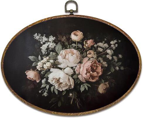 kdqua Vintage Gold Floral Oval Wall Art Decor, Dark Cottagecore Floral Canvas Artwork Framed, Moody Farmhouse Botanical Wildflower Wall Hanging Decorations for Home Bedroom Living Room, 11.4x8.6 Inch in Saudi Arabia