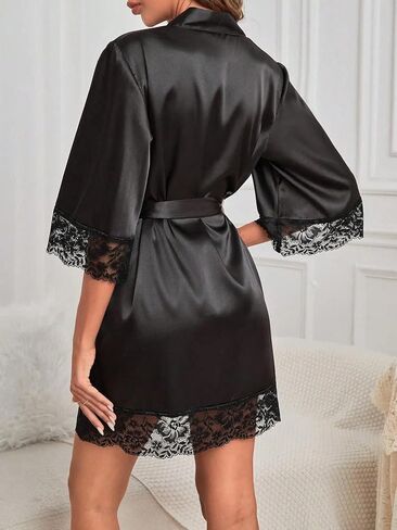 Womens Belted Lace Trim Robe Wrap Style Sleepwear Short Home Nightwear Kimono Sleeve Bathrobe Loungewear Night Robe in Saudi Arabia